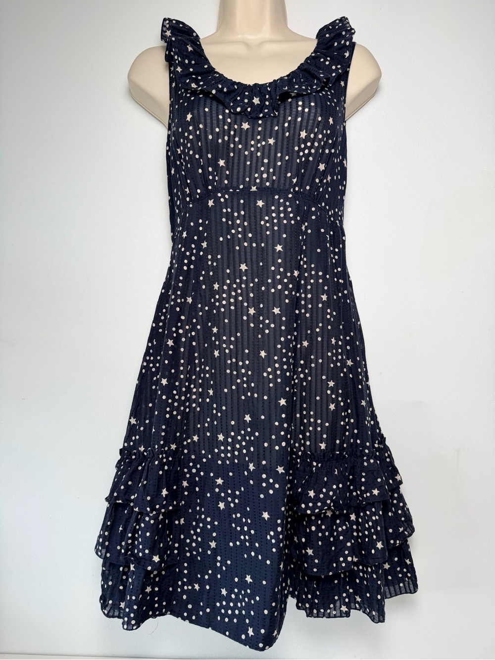 MARC JACOBS Women's Navy Blue Silk Fit & Flare Dress Size 2 stars Dots Ruffles